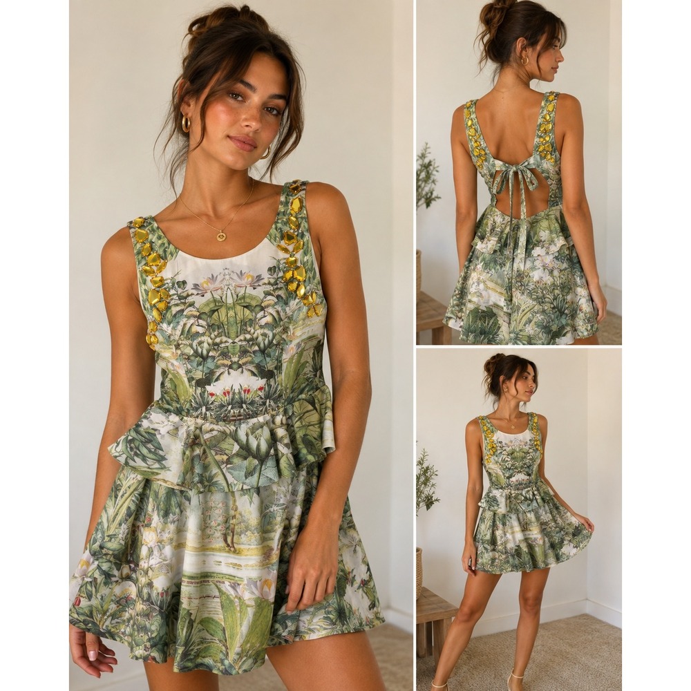 H&M Conscious Collection Dress Womens 4 Tropicalcore Gemstone Peplum Open Back